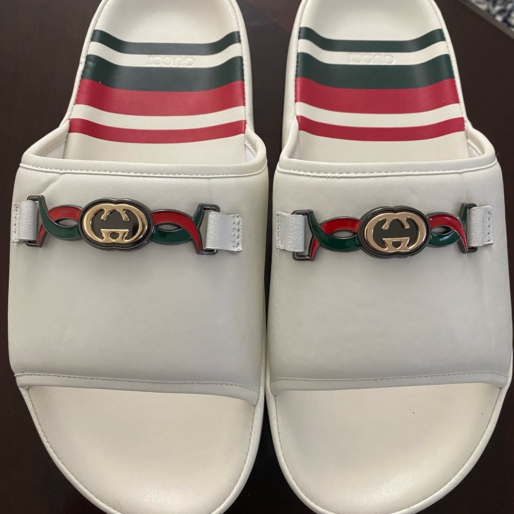 Gucci White Slides with Red and Green Accents